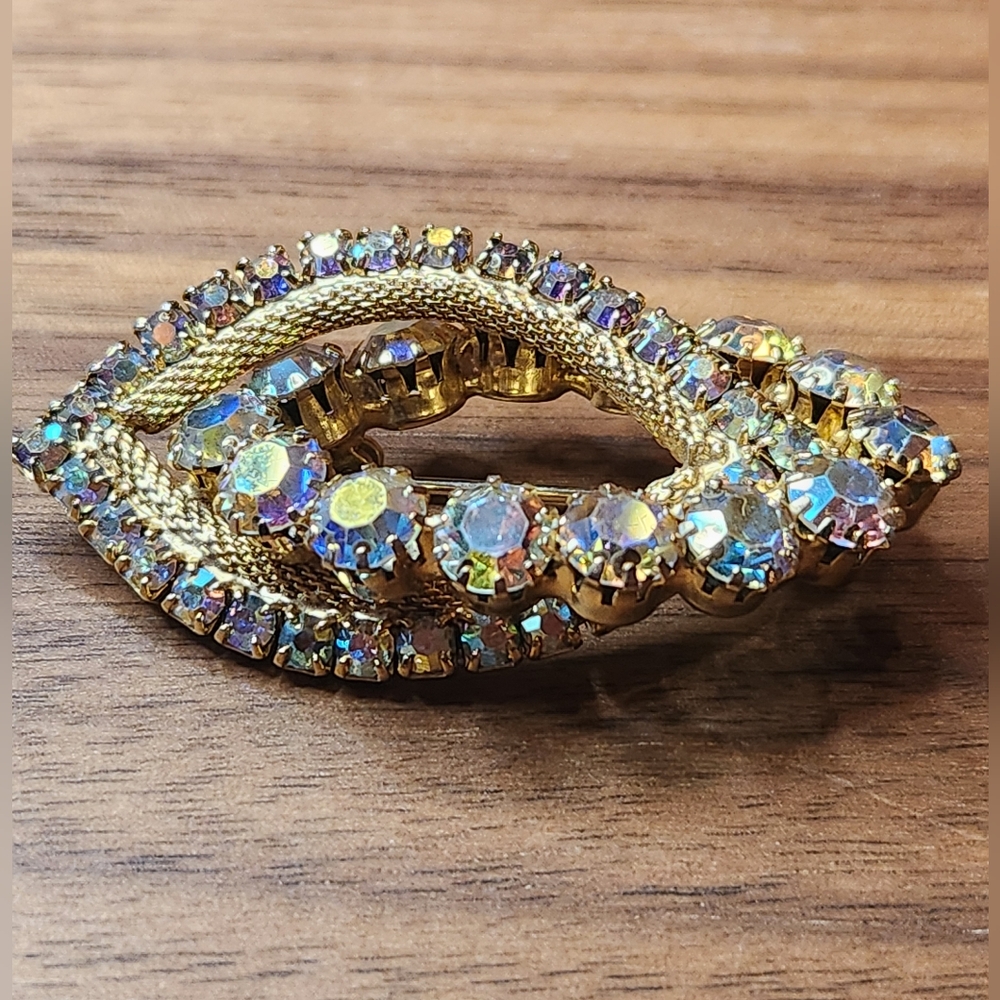 Vintage MCM Double Marquis AB Rhinestone Brooch Aurora Borealis - Picture 9 of 9
